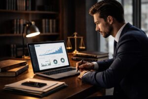 Fotografia profissional de um homem de terno e barba, de perfil, olhando para uma representação digital brilhante de um cérebro humano formado por uma rede de conexões azuis e pontos dourados. No canto inferior esquerdo, o logo da ExNunc e o texto 'JURÍDICO DIGITAL, A PARTIR DE AGORA' em branco.